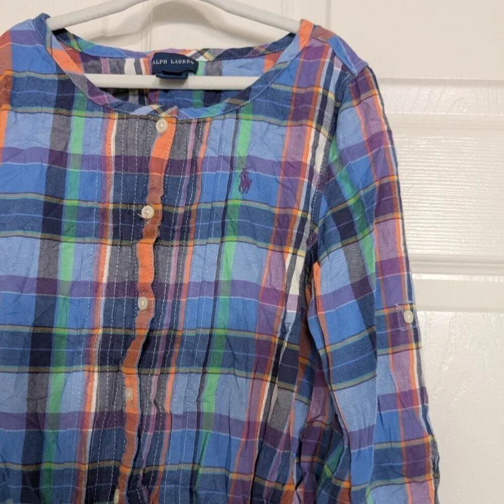 Ralph Lauren Plaid Dress Girls Size 6X Blue Roll Tab Sleeves Long Sleeve Preppy
